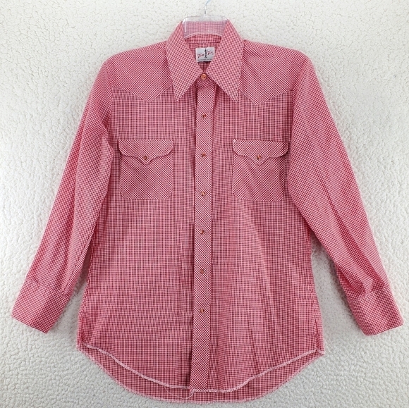 Vtg Tem Tex Shirt Mens 16 Pearl Snap Button Up Gingham Red White Western Cowboy - Picture 12 of 13